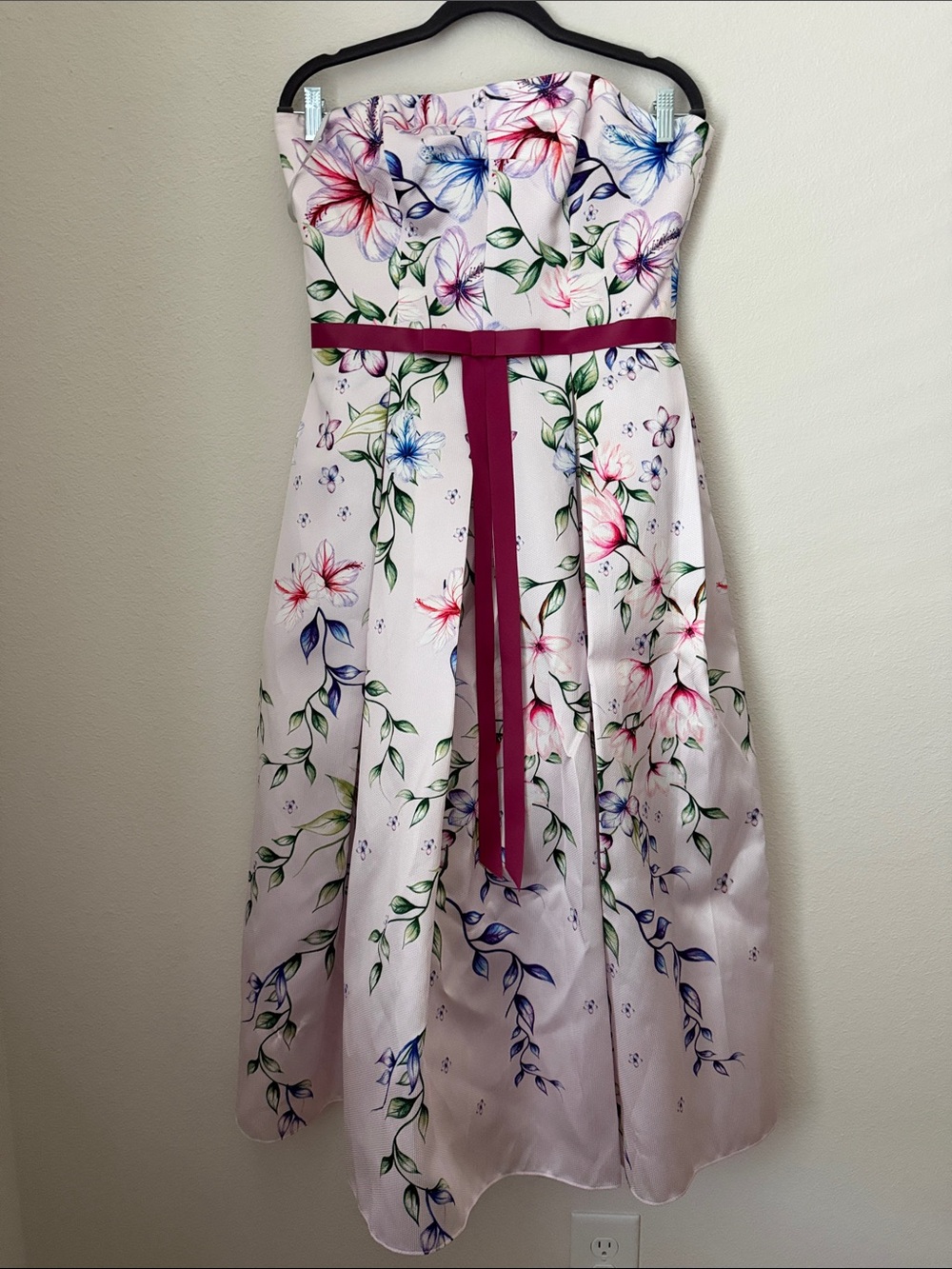 Strapless Pink Floral Midi Dress with Berry Waist Tie